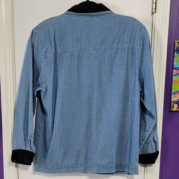 VTG AT EASE COTTON DENIM STUDDED EMBELLISHED VELVET TOP BLOUSE EUC L - Picture 3 of 10